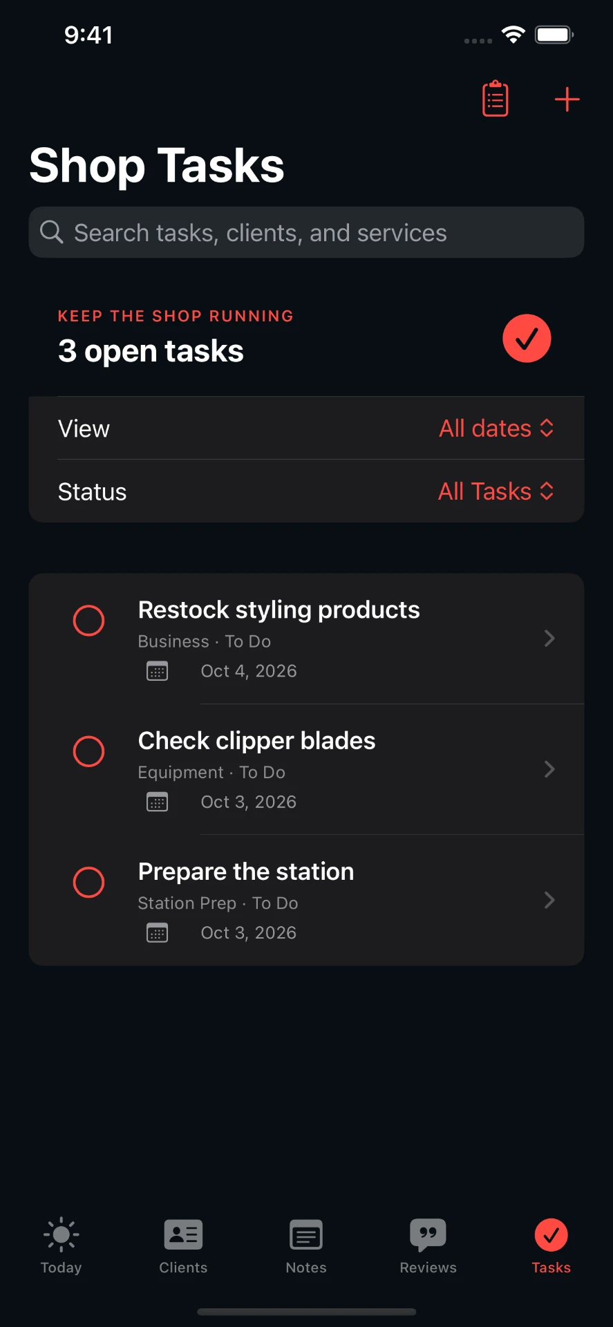 iPhone Shop Tasks screen with three open tasks