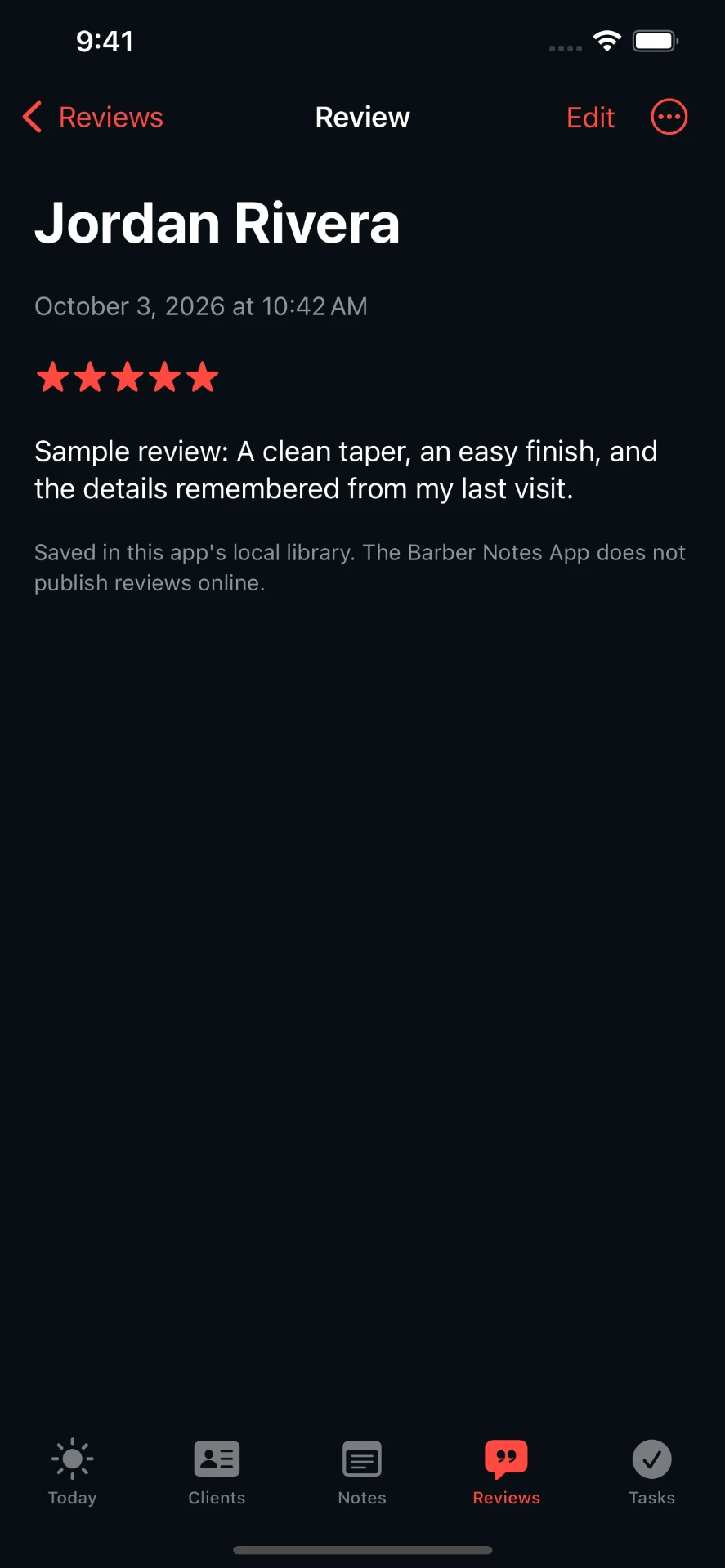 iPhone review screen showing a sample five-star client review saved locally