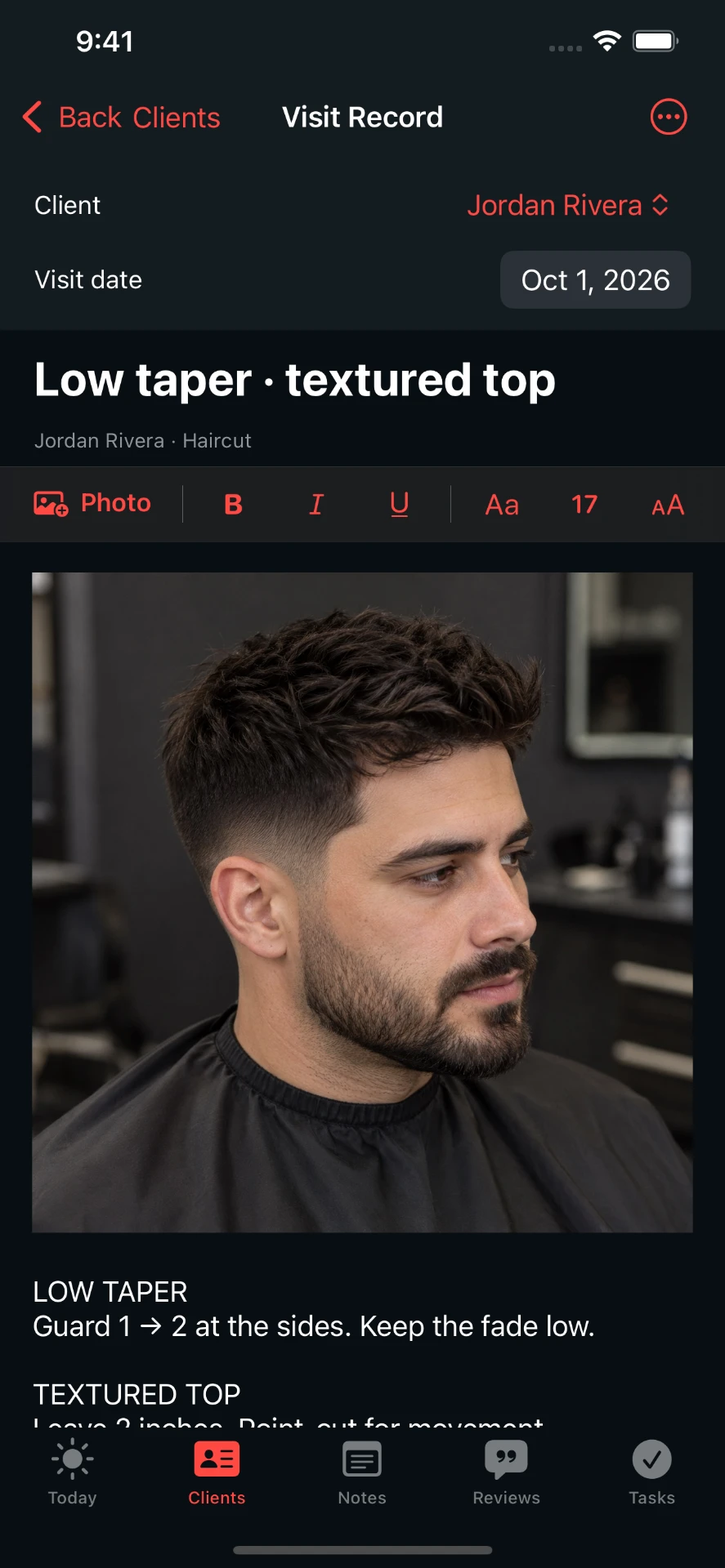 iPhone visit record titled Low taper, textured top with a haircut photo
