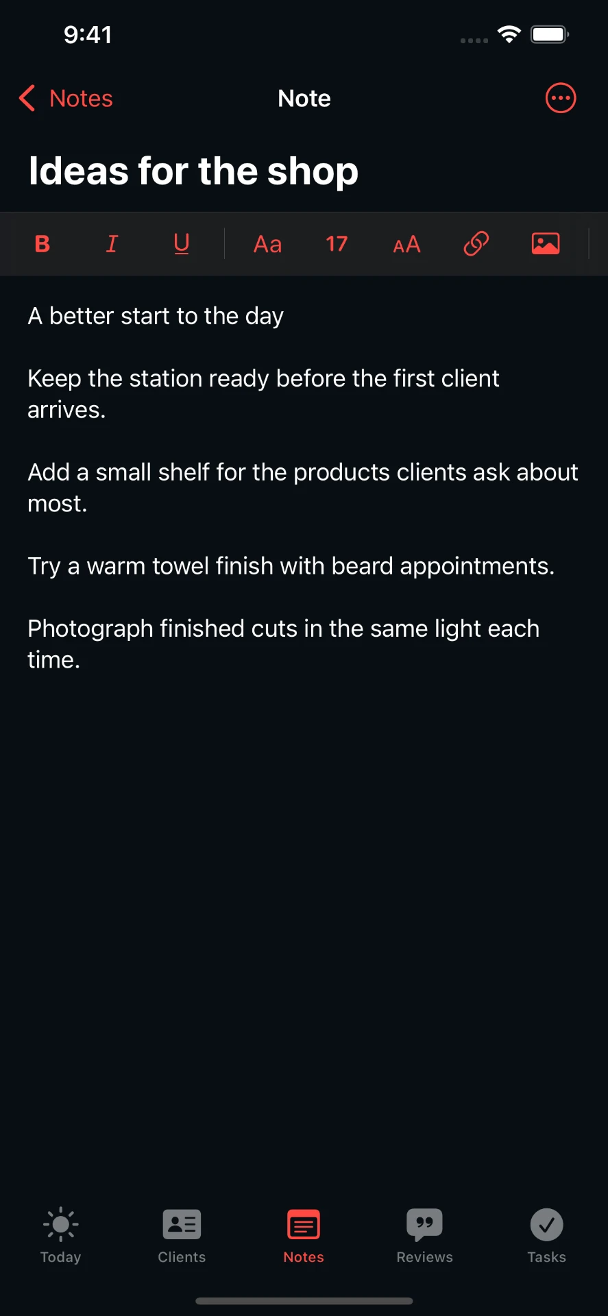 iPhone note titled Ideas for the shop
